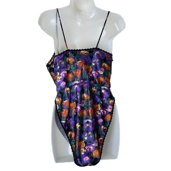 Vintage Myonne Lingerie Dark Floral Lace High Cut Silky Teddy Romper Medium Y2K - Picture 2 of 10